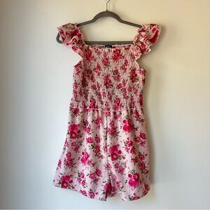Zunie Girls Pink Floral Smocked Ruffle Sleeve Romper Size 14 Lined One Piece